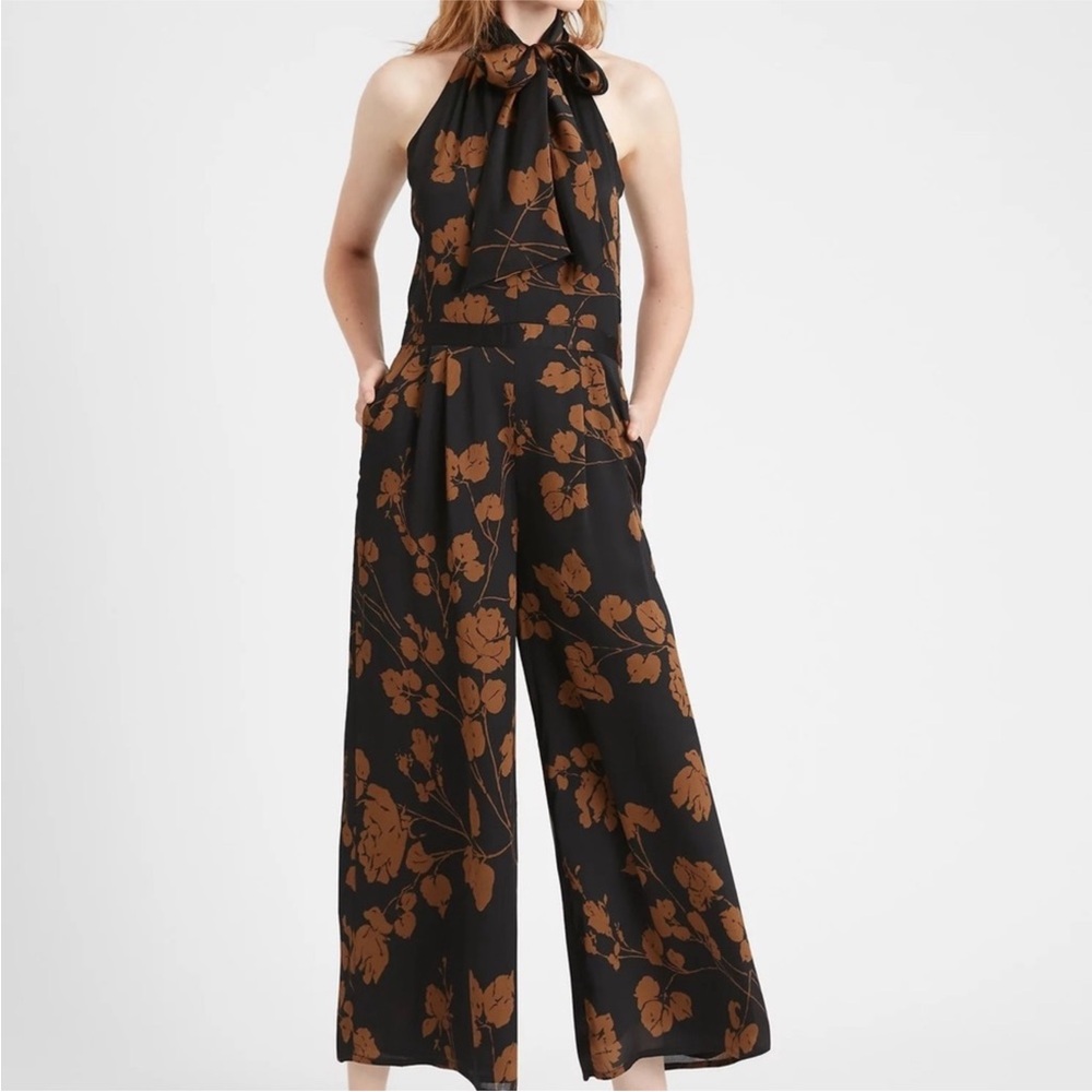 BANANA REPUBLIC Black & Tan Floral Tie Neck Wide Leg Romper/Jumpsuit